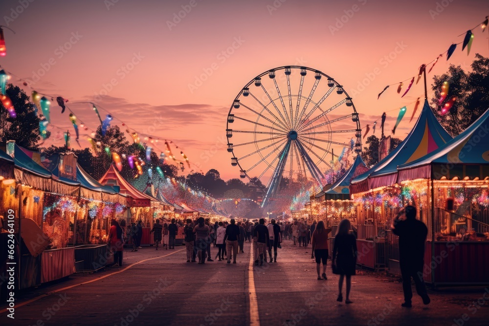 Amusement park with ferris wheel and fairground at sunset, colorful summer carnival at dusk, AI Generated - obrazy, fototapety, plakaty 