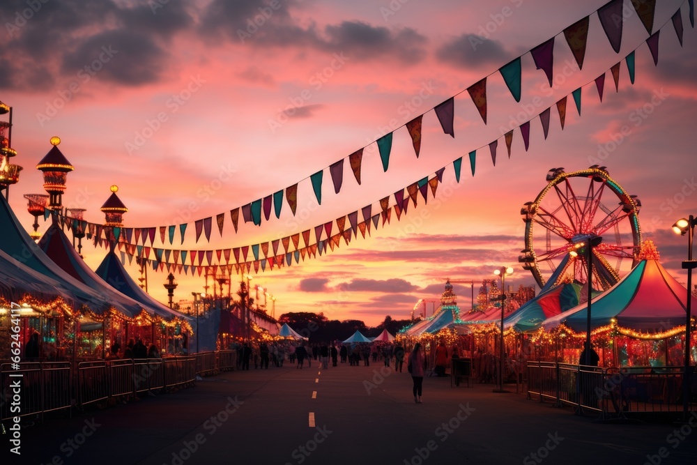 Carnival at sunset. Ferris wheel and fairground rides, colorful summer carnival at dusk, AI Generated - obrazy, fototapety, plakaty 