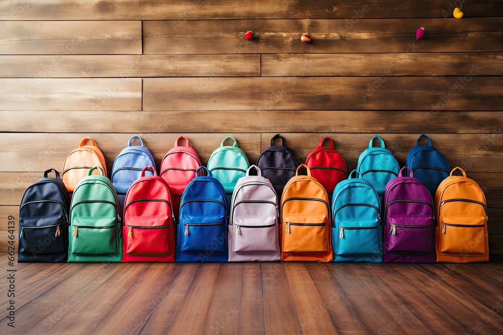 Group of colorful backpack on wooden background. Back to school concept, Colourful children schoolbags on wooden floor. Backpacks with school accessories, AI Generated - obrazy, fototapety, plakaty 