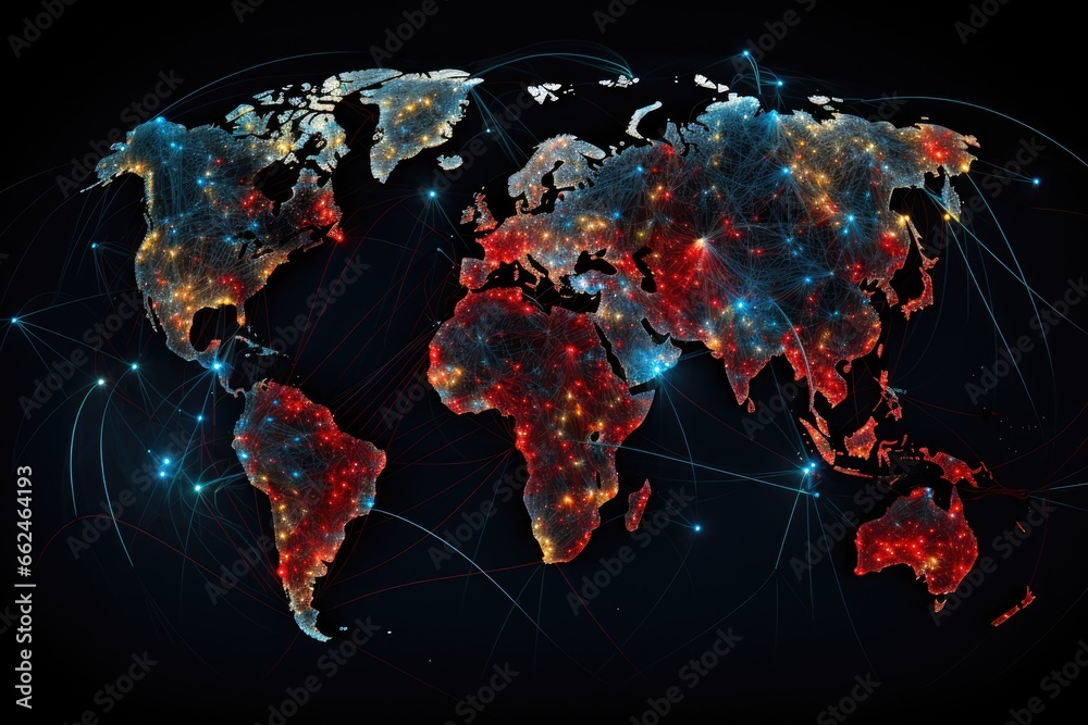 World map with glowing lines and dots on dark background. Vector ...