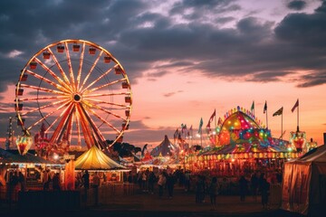 people on the fairground at sunset, colorful summer carnival at dusk, AI Generated