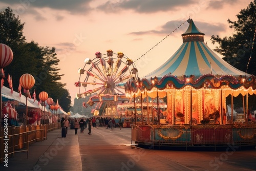 Carnival in the park at sunset. Amusement park, colorful summer carnival at dusk, AI Generated © Iftikhar alam