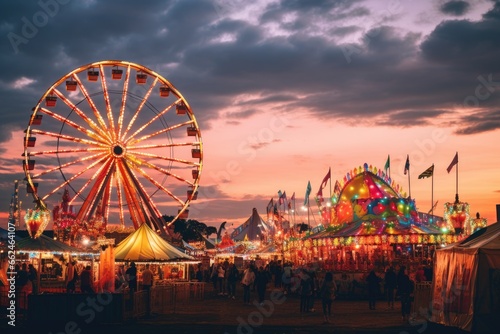 people on the fairground at sunset, colorful summer carnival at dusk, AI Generated