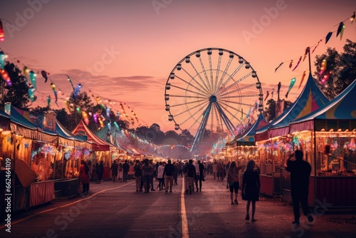 Amusement park with ferris wheel and fairground at sunset, colorful summer carnival at dusk, AI Generated