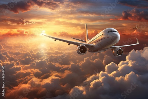 Airplane flying in the clouds at sunset. 3D illustration  Commercial airplanes fly above dramatic clouds during sunset  AI Generated