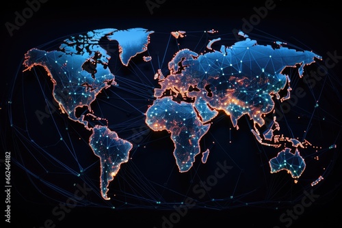 Glowing world map on dark background. Globalization concept. 3D Rendering, Communications network map of the world, AI Generated