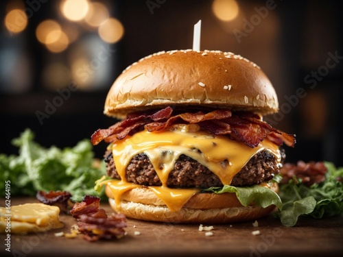 A juicy burger with perfectly melted cheese and crispy bacon photo