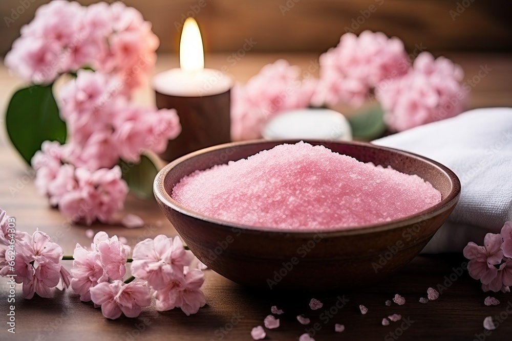 Spa still life with pink bath salt, flowers and candles on wooden background, Concept of spa treatment with pink salt, AI Generated Spa still life with pink bath salt, flowers and candles on wooden background, Concept of spa treatment with pink salt, AI Generated