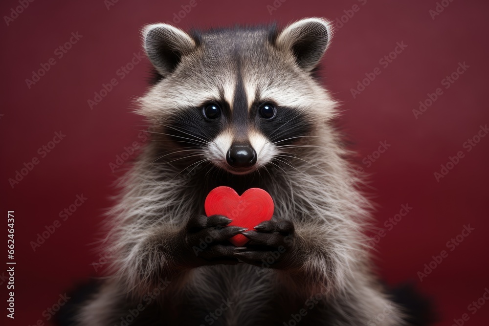 Cute raccoon holding red heart on red background, closeup, Cute Baby raccoon holding red heart on valentines Day, AI Generated Cute raccoon holding red heart on red background, closeup, Cute Baby raccoon holding red heart on valentines Day, AI Generated