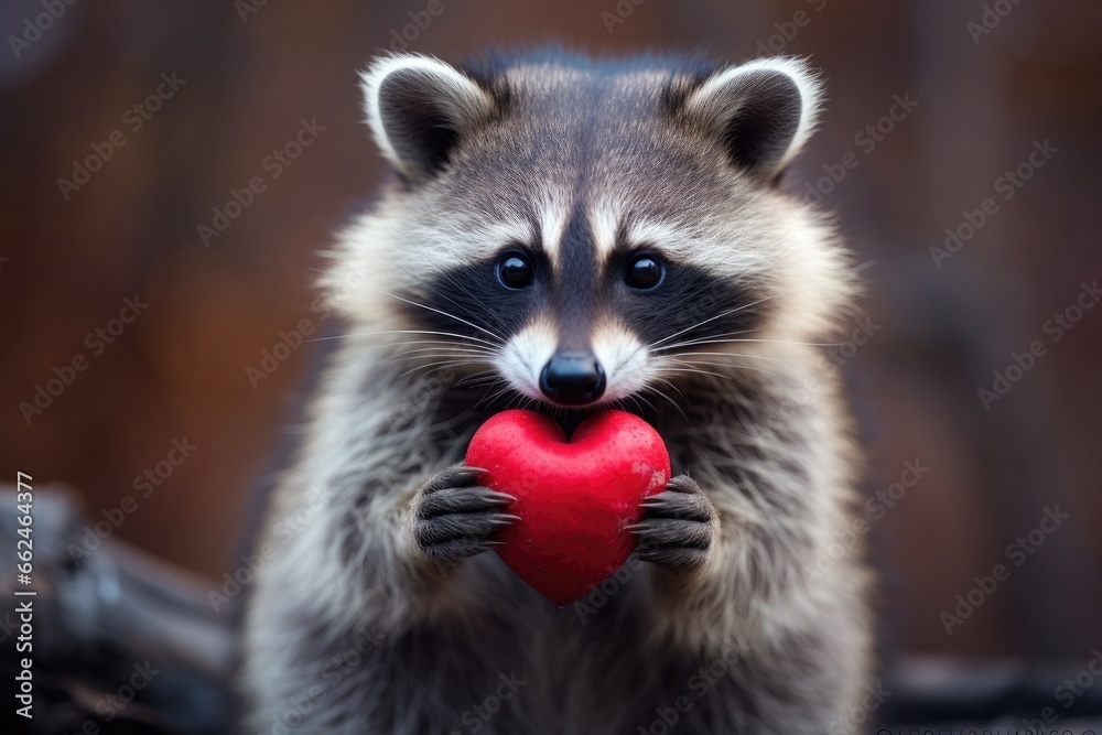 Raccoon holding a red heart in its paws. Love concept, Cute Baby raccoon holding red heart on valentines Day, AI Generated