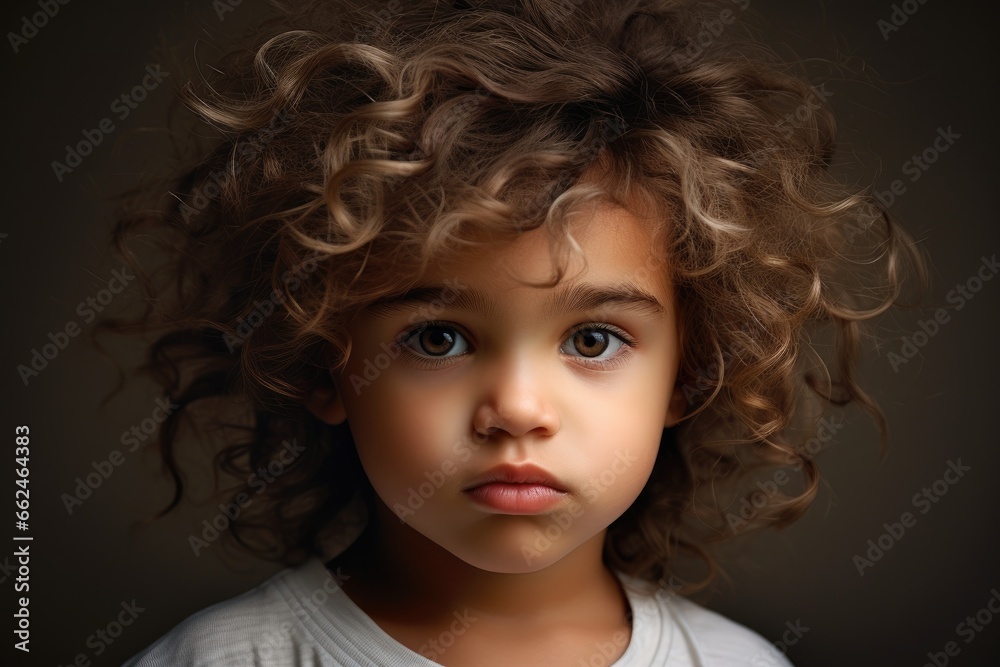 Portrait of a little girl with curly hair on a gray background, Cute baby with fluffy hair. Pretty boy, AI Generated Portrait of a little girl with curly hair on a gray background, Cute baby with fluffy hair. Pretty boy, AI Generated