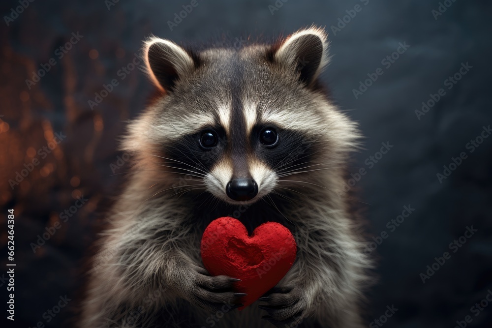 Raccoon with red heart on dark background. Valentine's Day, Cute Baby raccoon holding red heart on valentines Day, AI Generated