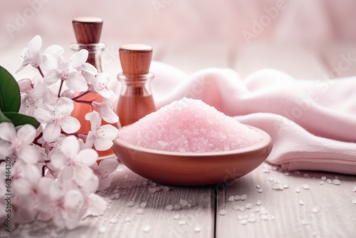 Spa still life with pink bath salt and flowers on wooden background, Concept of spa treatment with pink salt, AI Generated photo