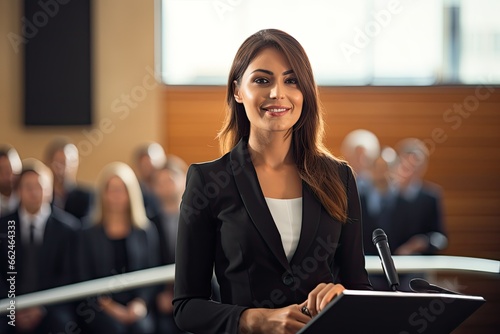 Portrait of a smiling businesswoman making a speech during a conference, Confident businesswoman delivering a corporate presentation at a seminar or conference, AI Generated