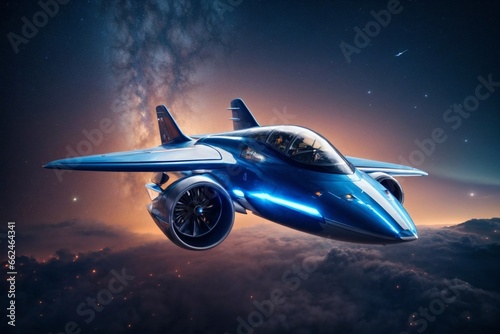 A futuristic, sci-fi inspired airplane with sleek, angular lines and glowing blue engine