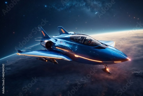 A futuristic, sci-fi inspired airplane with sleek, angular lines and glowing blue engine