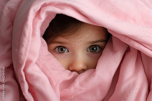 Portrait of a cute little girl hiding under a pink blanket, Cute baby girl hiding under a pink blanket. Looking at camera, AI Generated