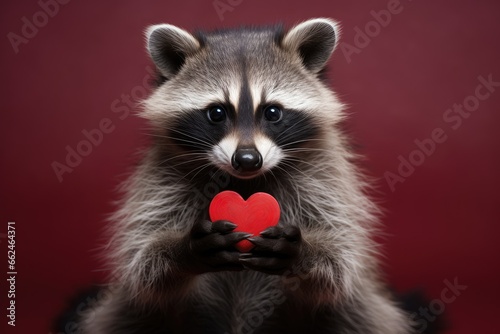 Cute raccoon holding red heart on red background, closeup, Cute Baby raccoon holding red heart on valentines Day, AI Generated