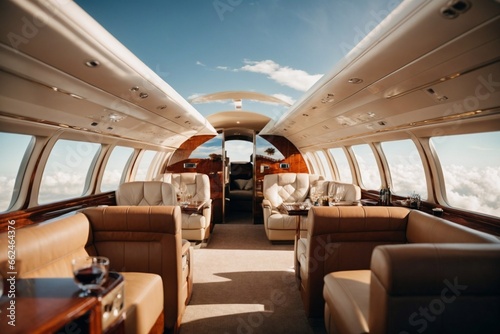 A luxurious private jet with plush leather seats