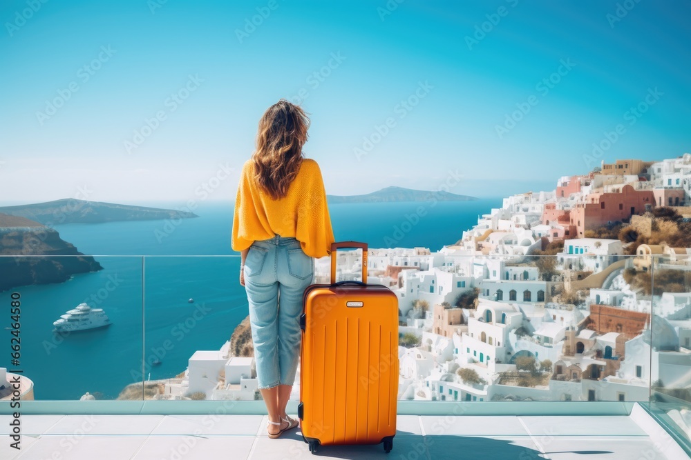 Young woman with orange travel suitcase on Santorini island in Greece, Happy moment with young woman rear view tourist as orange the luggage in Santorini island,Greece, AI Generated - obrazy, fototapety, plakaty 