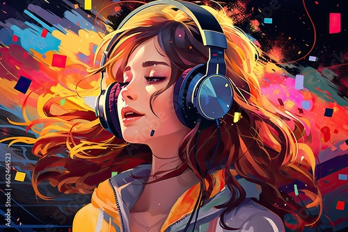 Beautiful girl listening to music in headphones. Vector illustration. Music concept, girl with headphones in a colorful vivid background. An illustration of auditory hallucinations, AI Generated
