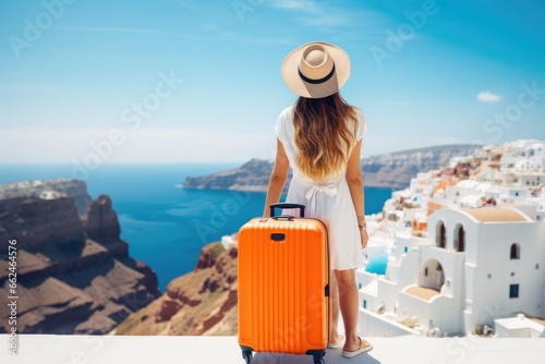 Young woman in white dress and hat with orange suitcase on Santorini island, Greece, Happy moment with young woman rear view tourist as orange the luggage in Santorini island,Greece, AI Generated photo