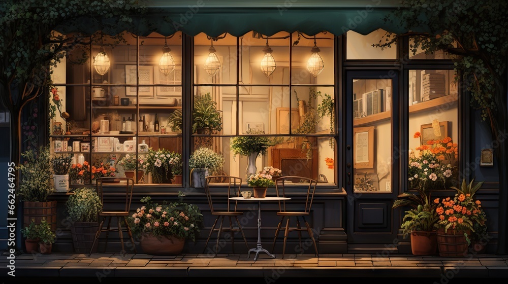  a store front with potted plants and a table in front of it.  generative ai