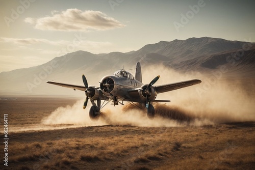 An old, vintage airplane flying over a vast, rugged landscape