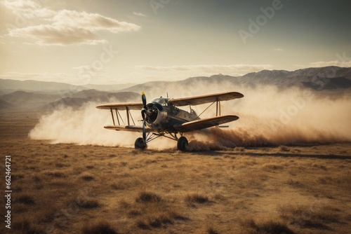 An old, vintage airplane flying over a vast, rugged landscape