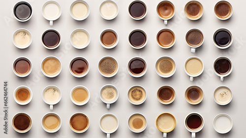  a group of coffee cups with different types of coffee in them. generative ai