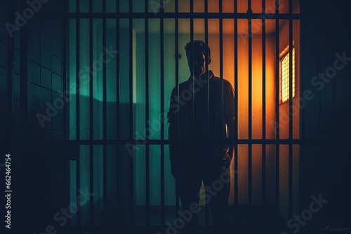 Silhouette of a man in a dark solitary confinement cell. Man in prison. Court and justice. Hope for freedom