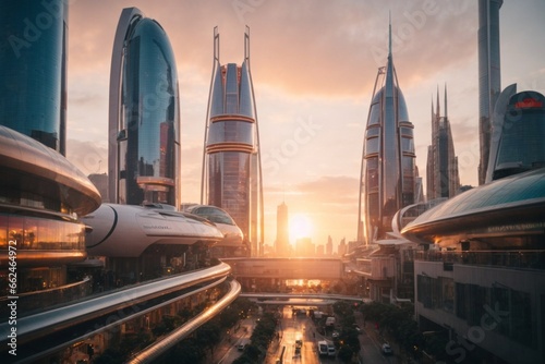 A futuristic city at sunset