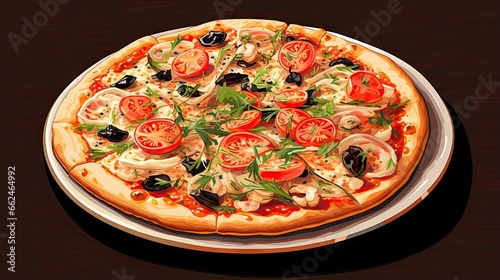  a pizza with tomatoes, olives, onions, and cheese. generative ai