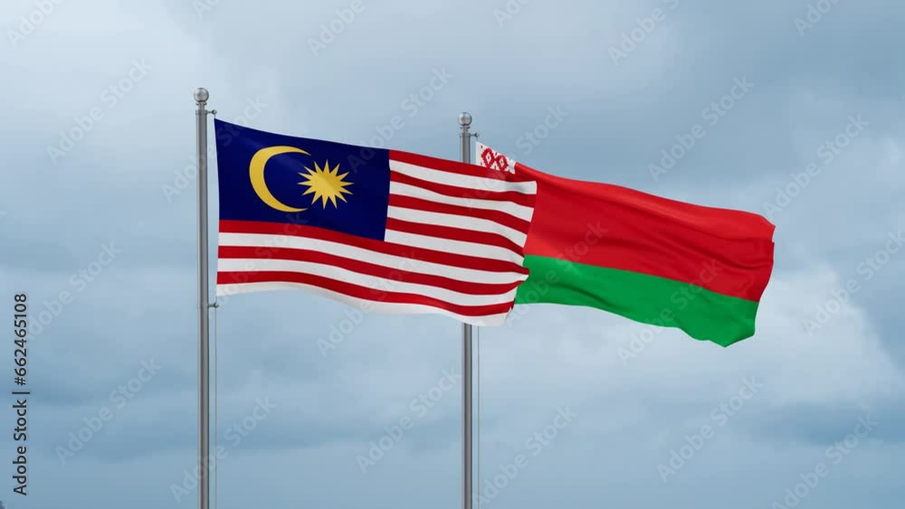 Belarus and Malaysia flag waving together on cloudy sky, endless seamless loop, two country cooperation concept Belarus and Malaysia flag waving together on cloudy sky, endless seamless loop, two country cooperation concept