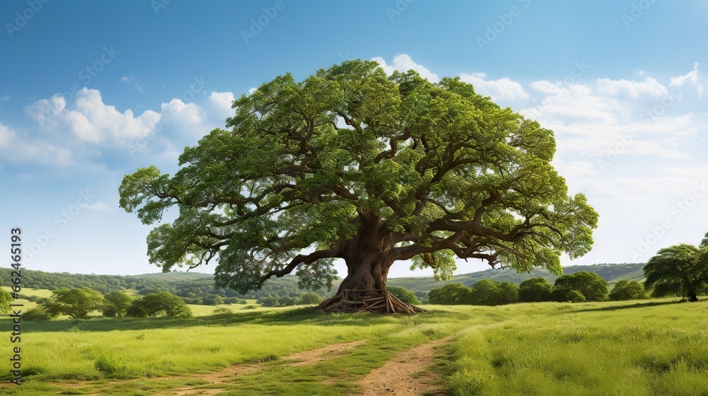 Fototapeta premium a large tree in a grassy field with a dirt path. generative ai