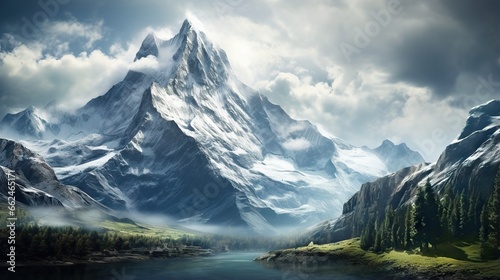  a painting of a mountain range with a river in the foreground. generative ai
