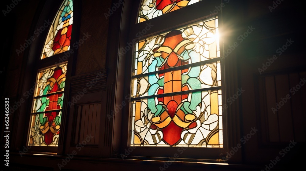  a stained glass window in a church with sunlight coming through it.  generative ai