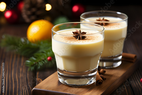 Festive Christmas Eggnog with Ingredients on Dark Wooden Table