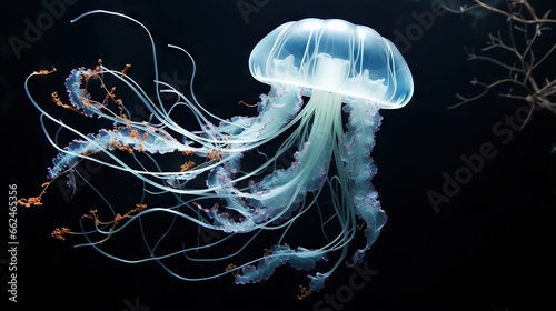  a jellyfish swimming in the water with a black background. generative ai