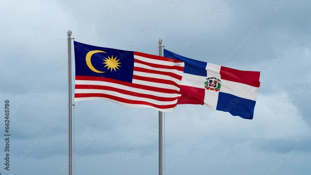 Dominican Republic flag and Malaysia flag waving together on cloudy sky, endless seamless loop, two country relations concept Dominican Republic flag and Malaysia flag waving together on cloudy sky, endless seamless loop, two country relations concept