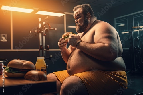 Fat man eating fast food in the gym. The problem of obesity and excess weight. Caring for health and proper nutrition