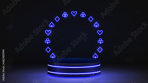 A bright glowing empty 3D podium with a neon frame of hearts, spades, diamonds and crosses poker suits on a black and blue background. A concept for a casino.