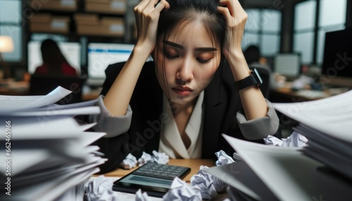 Close-up photo of an Asian businesswoman, her face reflecting stress and fatigue, as she holds her head amidst the chaos of her workspace.
