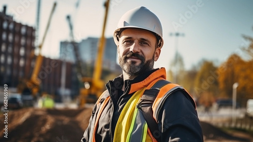 Engineer in Work Attire Overlooking City Building Site