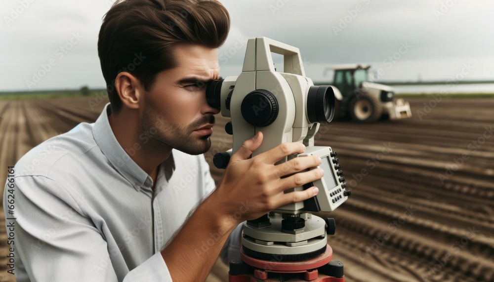 Close-up photo of a land surveyor, a man of European descent, concentrating as he looks through a theodolite. Close-up photo of a land surveyor, a man of European descent, concentrating as he looks through a theodolite.