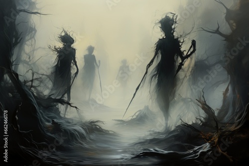 Elusive mist walkers  traversing through dense fog and hidden realms - Generative AI