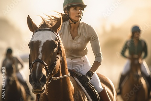 Horse racing at equestrian competitions at the hippodrome. Girl on a horse. Sports concept. Victory