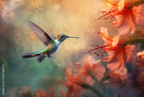 Scaly-breasted hummingbird feeding on flowers. Created with Generative AI © Yevhen