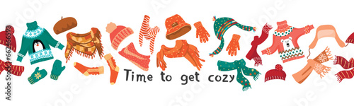 Horizontal banner with winter accessories and lettering.Seamless pattern with warm cozy items for cold weather.Sweaters, hats, scarves, socks, gloves and mittens.Vector cartoon isolated illustration.
