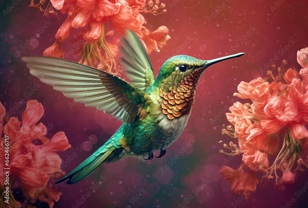 Scaly-breasted hummingbird feeding on flowers. Created with Generative AI